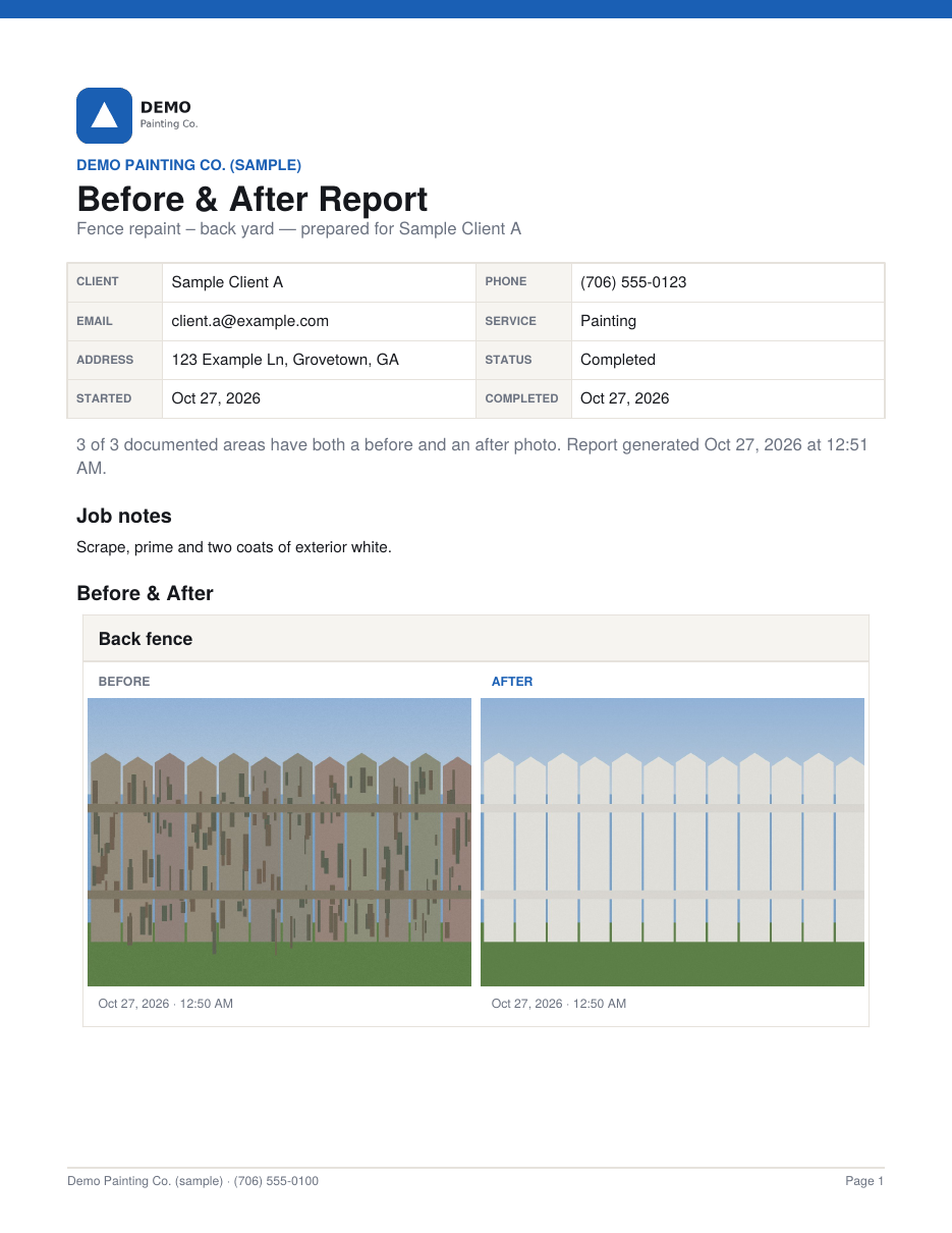 First page of a branded sample Job Proof PDF report